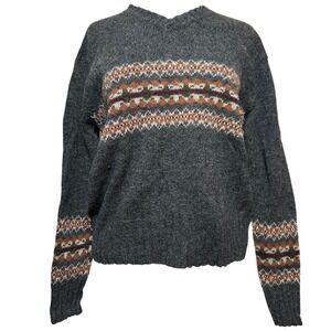 Vintage Womens Wool Fair Isle Sweater Gray Geometric Knit Pullover Size M